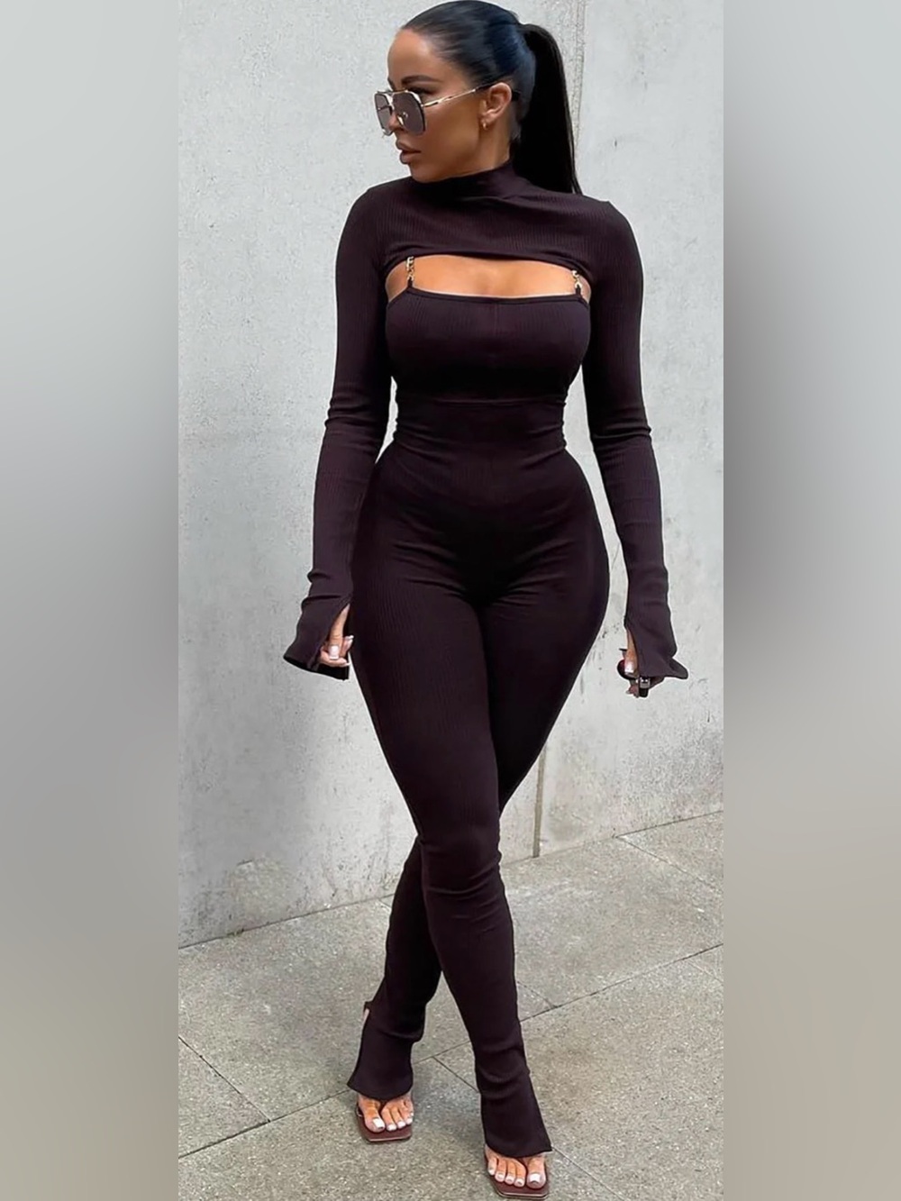 Sleek Long-Sleeve Cutout Jumpsuit in Black